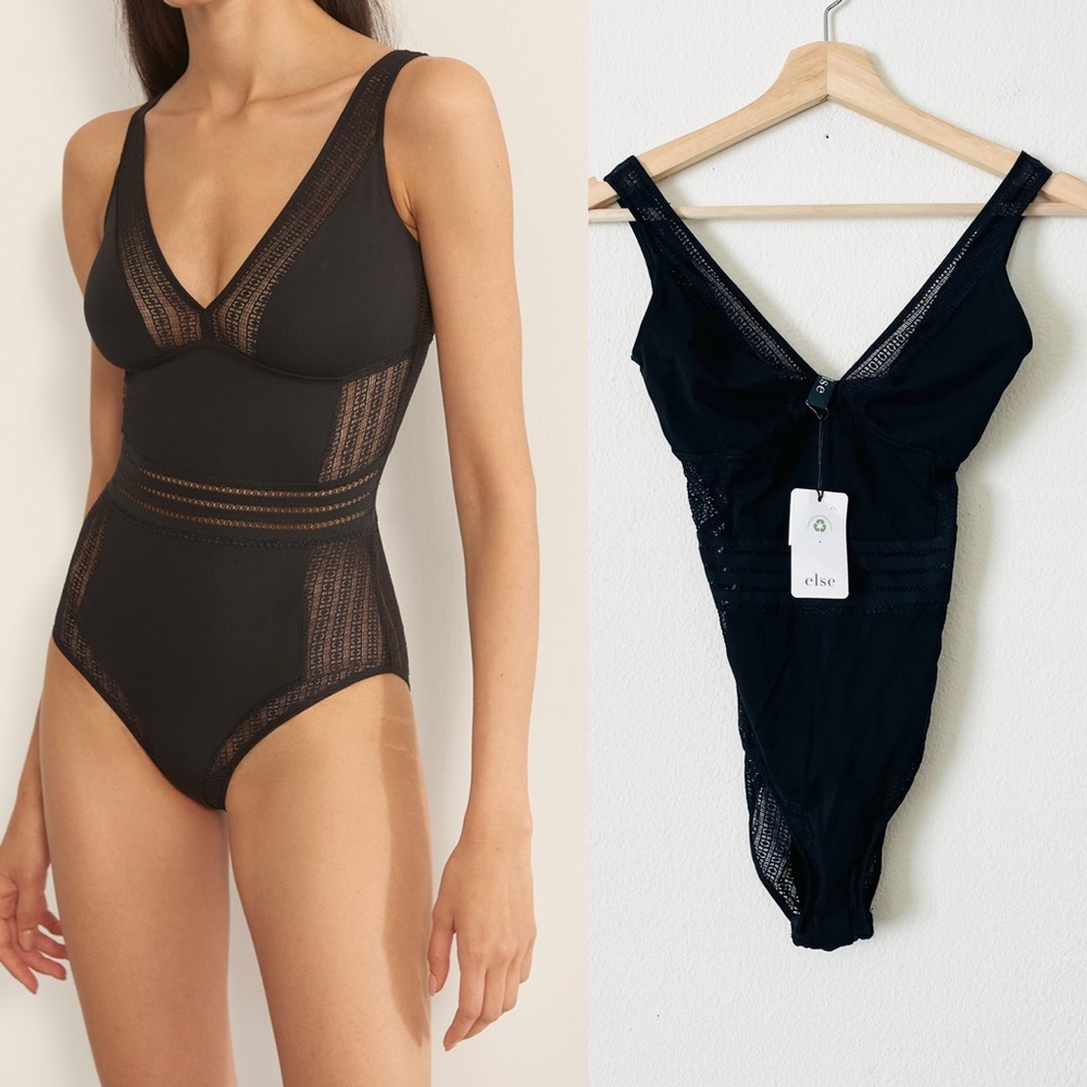 NWT Else SMALL Jolie Soft Cup Triangle Bodysuit with lace detail in black